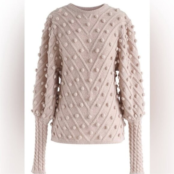 [M]Chicwish Blush Pink Pom Batwing LS Wool Blend Sweater Crew neck - Picture 1 of 13
